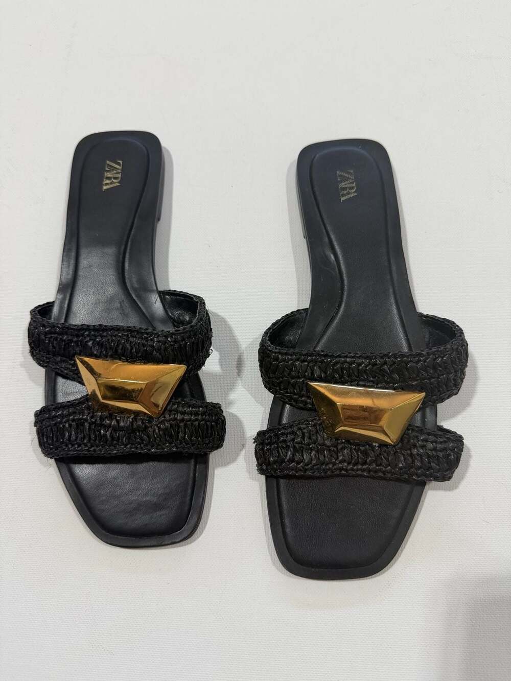 Zara Black Raffia Slide Sandals with Gold Geometric Accent Size 38